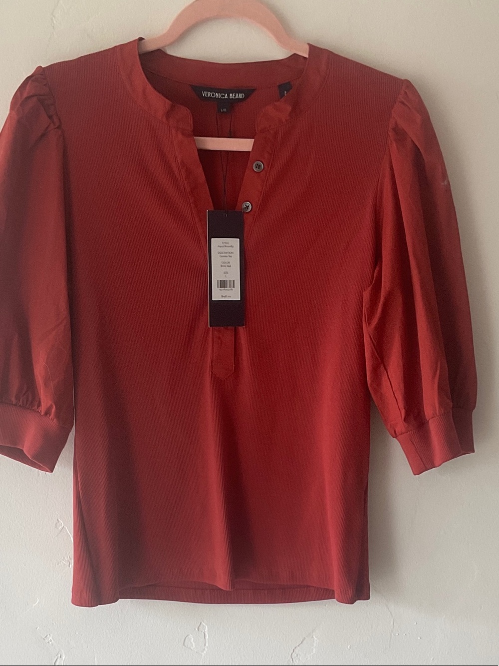 Veronica Beard Brick Red Puff-Sleeve Henley Top